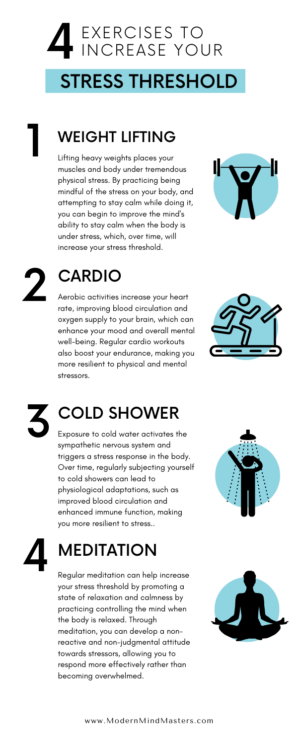 Weight lifting, cardio, cold showers, and mediation are practical ways to increase your stress threshold.