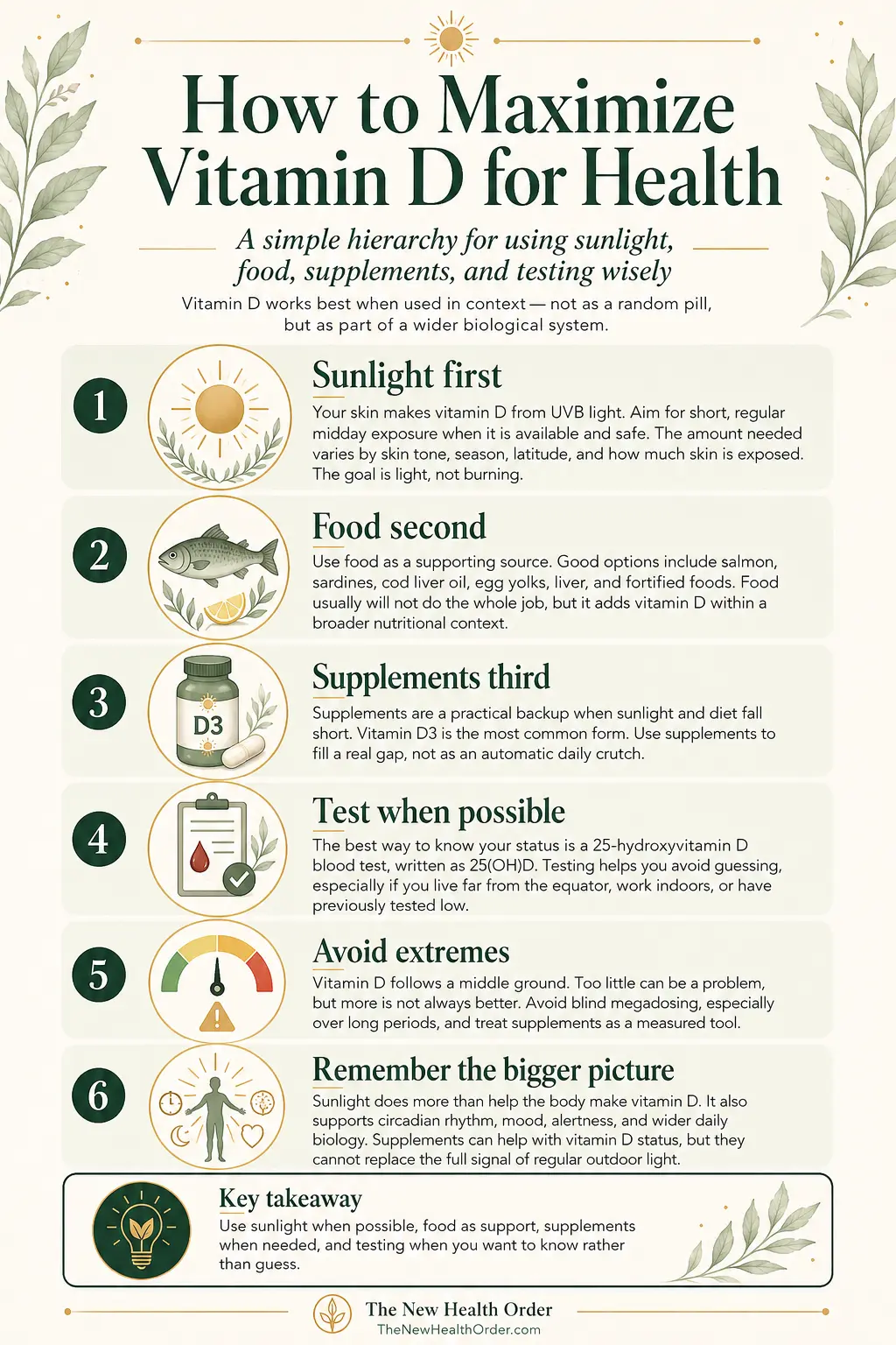 Infographic explaining how to maximize vitamin D for health by prioritizing sunlight, using food as support, taking supplements when needed, testing vitamin D levels, avoiding extremes, and remembering the wider benefits of outdoor light.