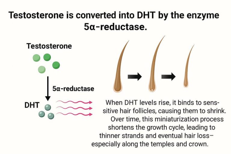 Testosterone, DHT, 5 alpha reductase, and hair loss
