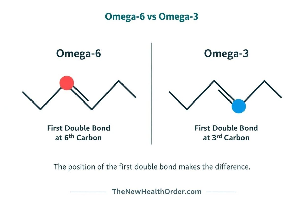 the structural difference between omega-3 and omega-6