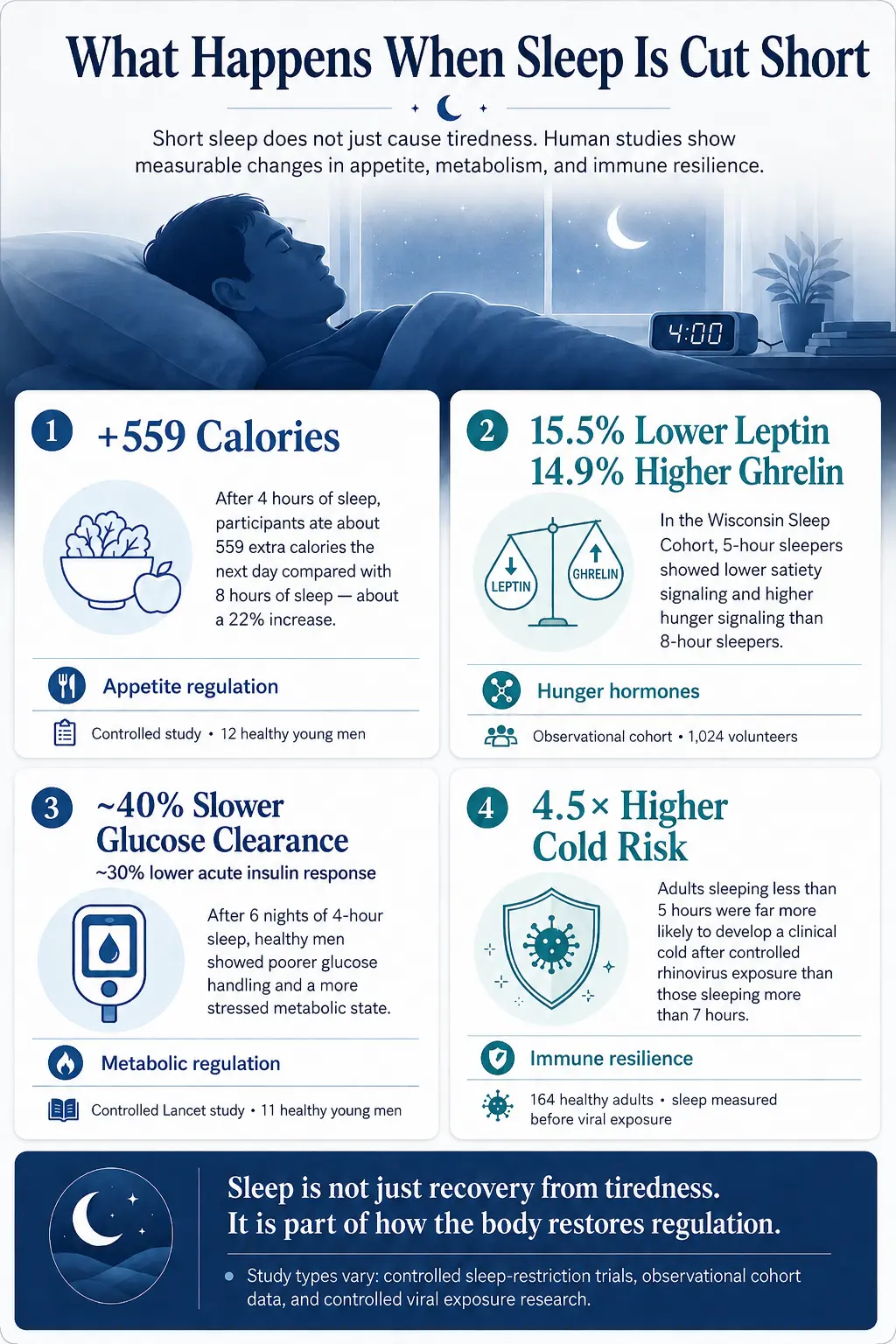 Infographic showing study-based effects of short sleep, including increased calorie intake, altered leptin and ghrelin levels, slower glucose clearance, and higher cold risk.