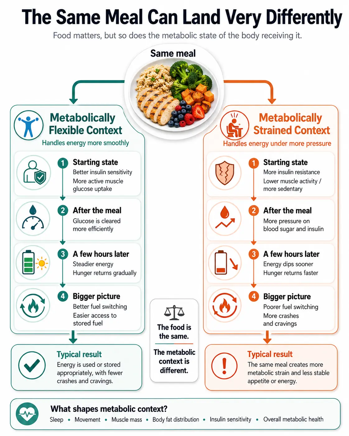 Infographic comparing how the same meal can affect a metabolically flexible body versus a metabolically strained body, showing differences in glucose handling, appetite, energy, and fuel switching.