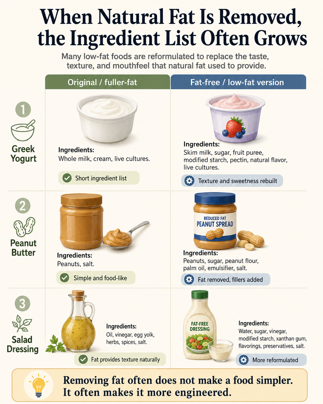 Infographic comparing fuller-fat foods with fat-free or low-fat versions, showing that reduced-fat products often have longer, more processed ingredient lists.