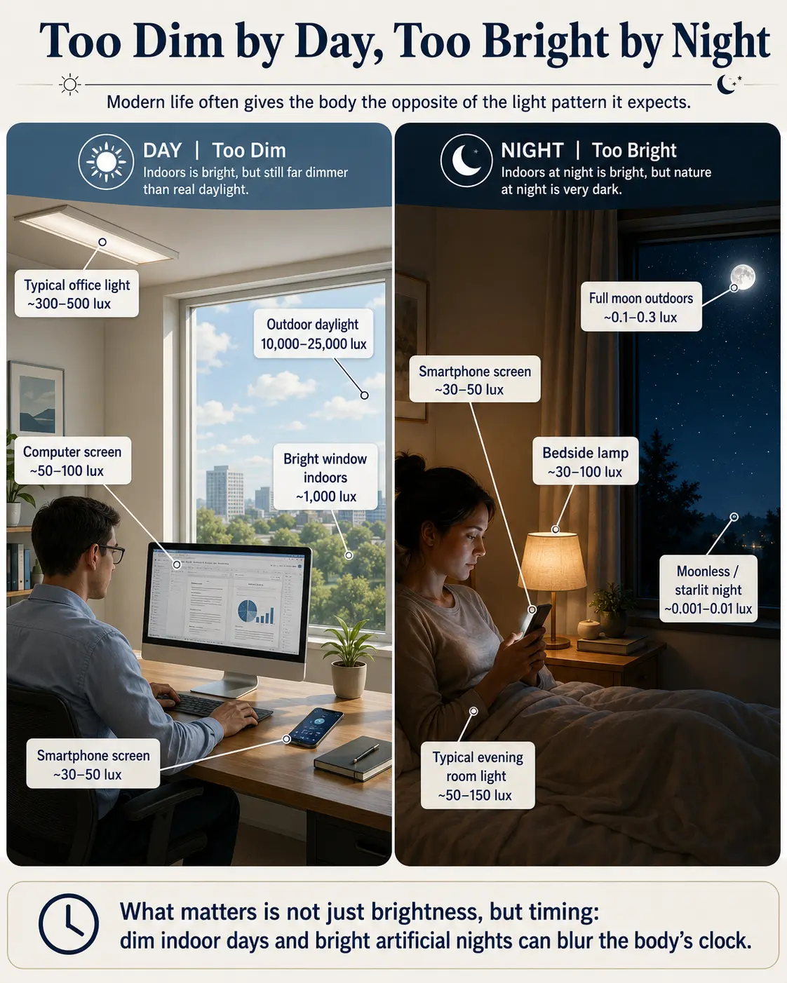 Split-screen infographic comparing a dim indoor daytime office scene with a brightly lit evening bedroom scene, showing typical lux levels for modern light sources versus natural daylight and natural night.