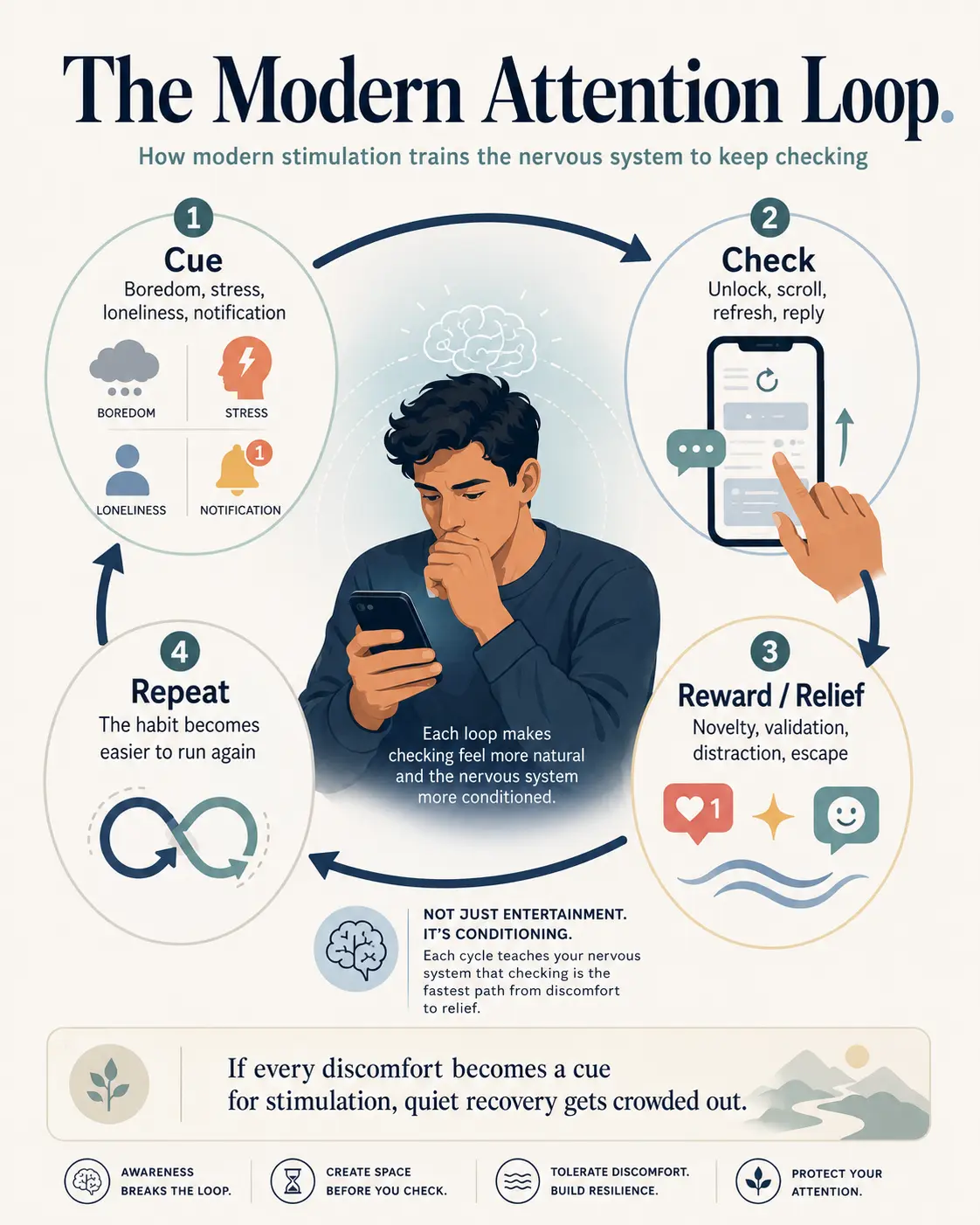Infographic showing a four-step attention loop where boredom, stress, loneliness, or notifications lead to checking a phone, receiving reward or relief, and repeating the habit.