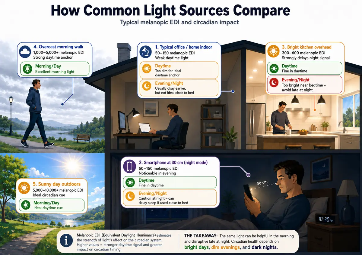 Infographic comparing common light sources by melanopic EDI and circadian impact, including indoor lighting, smartphone use at night, bright kitchen lights, overcast morning light, and sunny outdoor light.