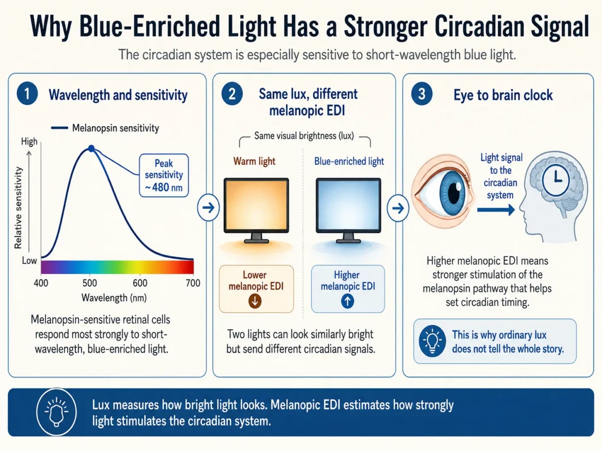 Infographic explaining why blue-enriched light can produce a stronger circadian signal than warm light by showing melanopsin sensitivity around 480 nm, same lux with different melanopic EDI, and the light pathway from the eye to the brain clock.