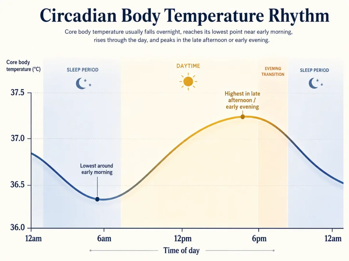 Infographic showing how core body temperature changes across the day, falling overnight, reaching its lowest point near early morning, rising through the day, and peaking in the late afternoon or early evening.