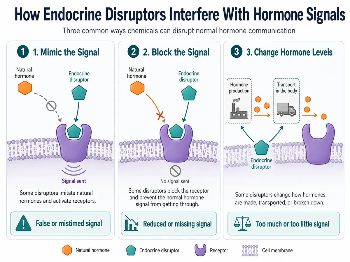 Diagram showing three ways endocrine disruptors interfere with hormone signals: mimicking hormones, blocking receptors, and changing hormone levels.