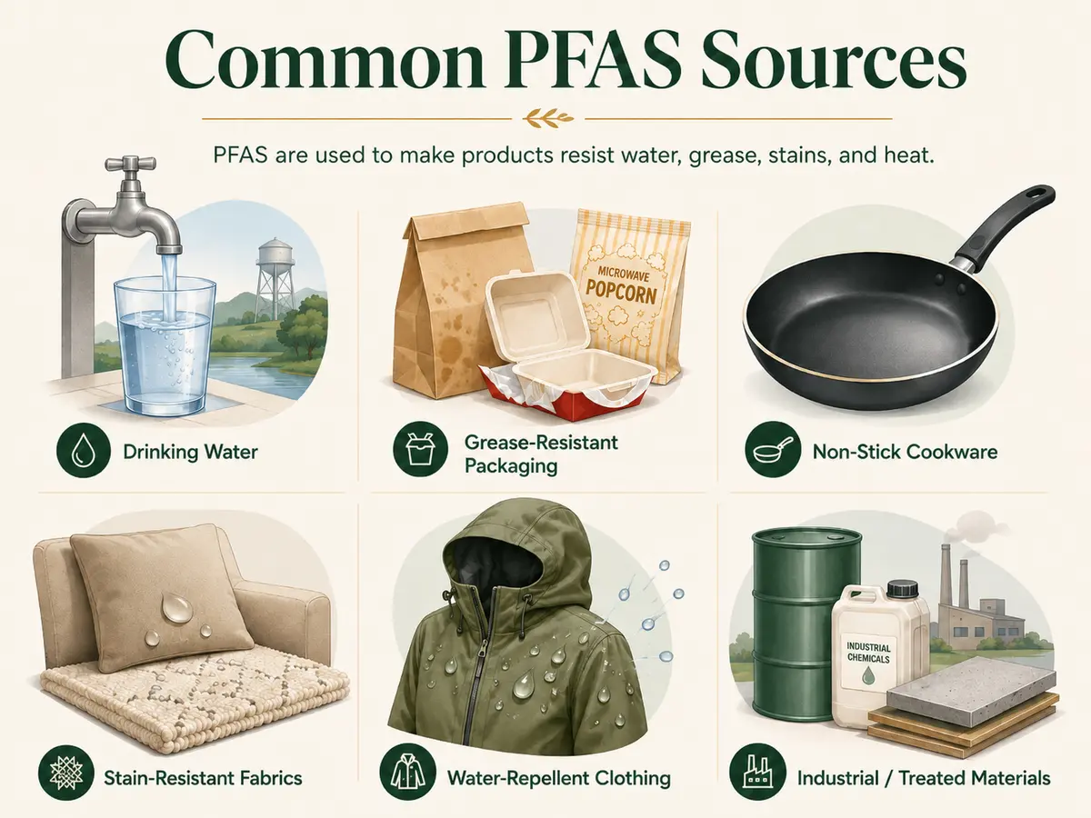 Infographic showing common PFAS sources, including drinking water, grease-resistant packaging, non-stick cookware, stain-resistant fabrics, water-repellent clothing, and industrial or treated materials.