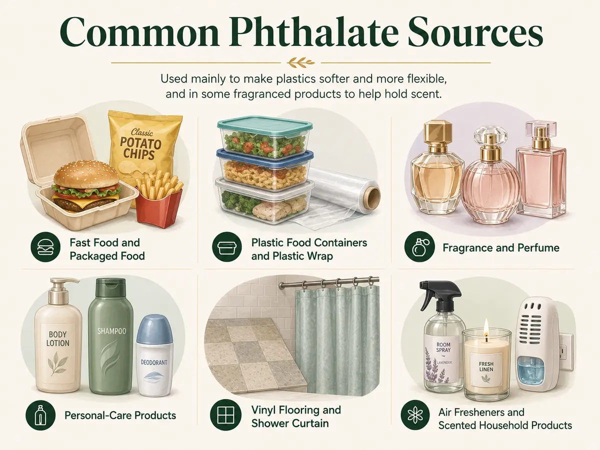 Infographic showing common phthalate sources, including fast food and packaged food, plastic food containers and plastic wrap, fragrance and perfume, personal-care products, vinyl flooring and shower curtains, and air fresheners or scented household products.