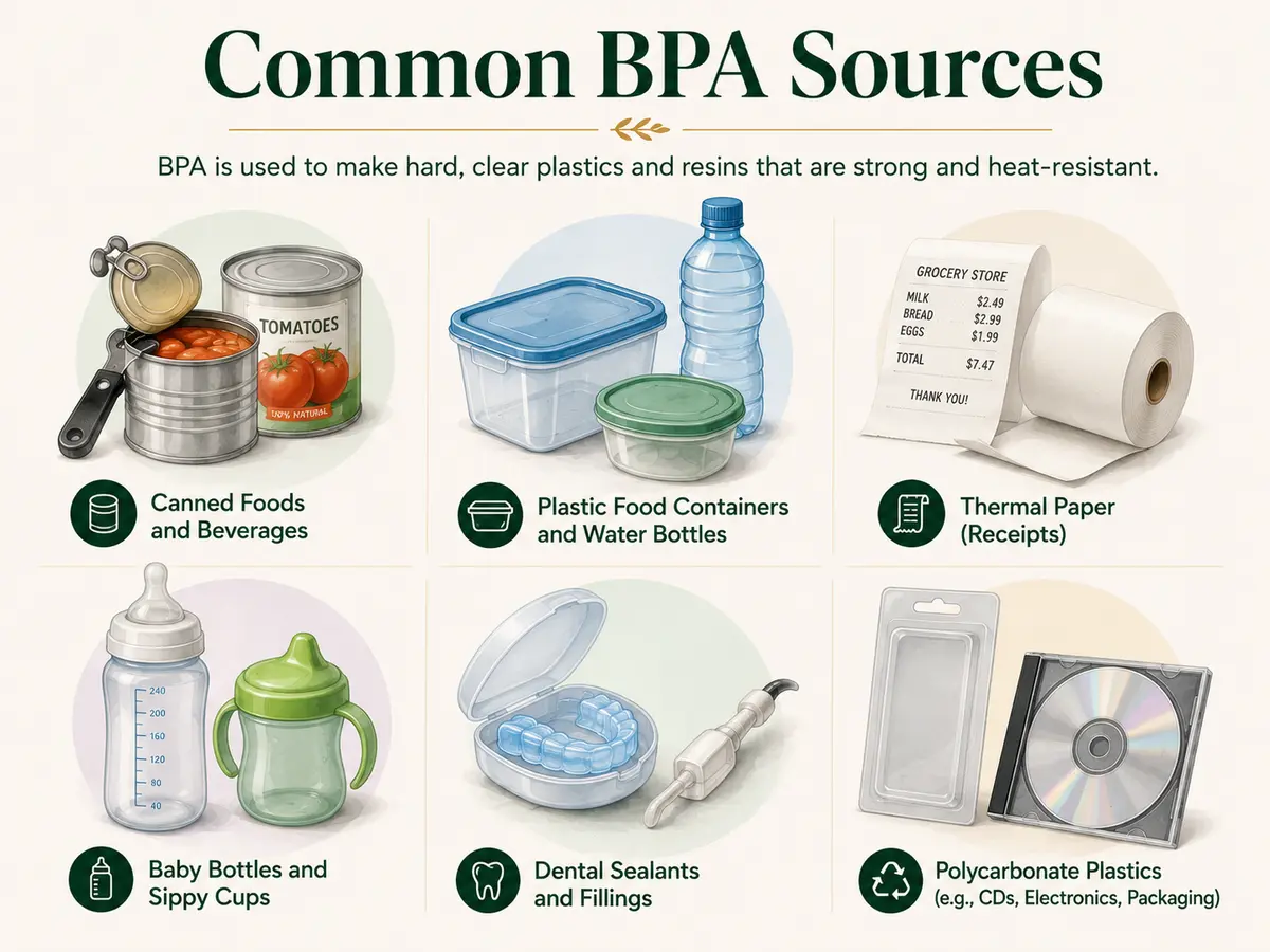 Infographic showing common BPA sources, including canned foods and beverages, plastic food containers, water bottles, thermal paper receipts, baby bottles, sippy cups, dental sealants, and polycarbonate plastics.