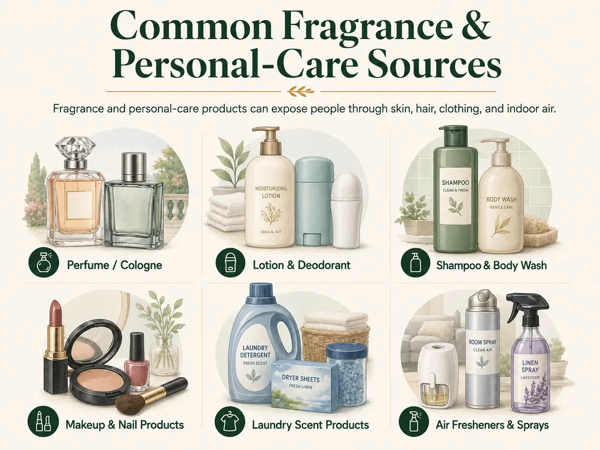 Infographic showing common fragrance and personal-care exposure sources, including perfume, cologne, lotion, deodorant, shampoo, body wash, makeup, nail products, laundry scent products, air fresheners, and sprays.