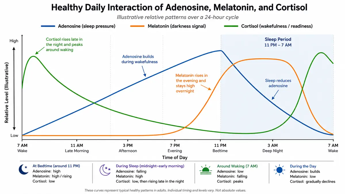 Graph of healthy daily interaction of adenosine, melatonin, and cortisol