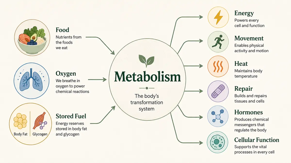 Infographic showing metabolism as the body’s transformation system, converting food, oxygen, and stored fuel into energy, movement, heat, repair, hormones, and cellular function.