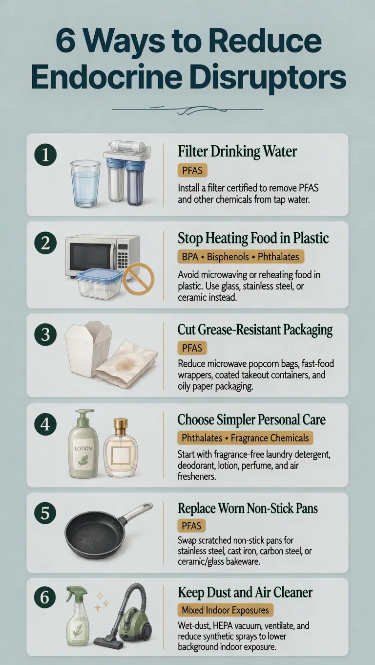 Infographic showing six ways to reduce endocrine disruptor exposure, including filtering drinking water, avoiding heated plastic food contact, reducing grease-resistant packaging, choosing simpler personal-care products, replacing worn non-stick pans, and keeping dust and indoor air cleaner.