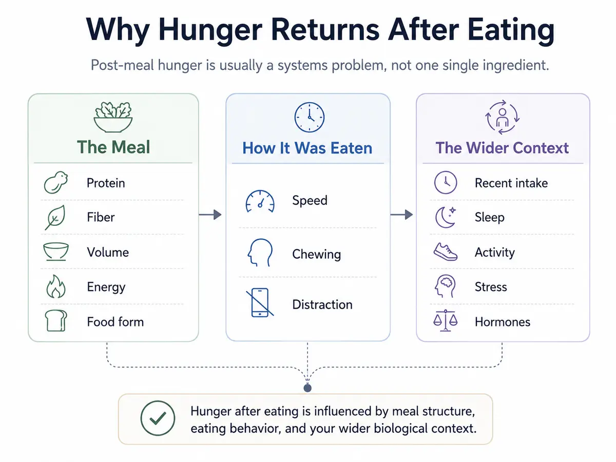 Diagram showing why hunger can return after eating, including meal structure, eating habits, sleep, activity, stress and hormones.