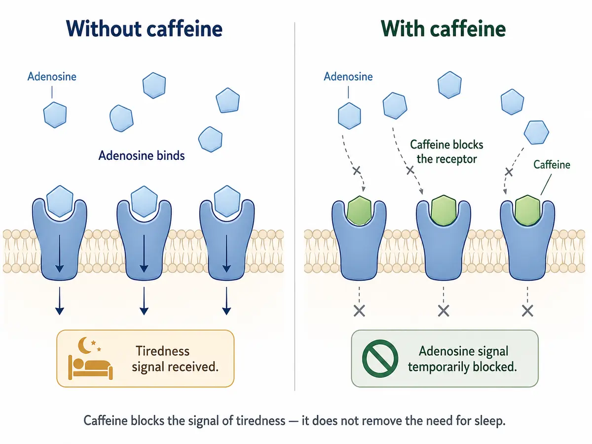 Diagram showing adenosine binding to receptors without caffeine and caffeine blocking those receptors while adenosine remains present.