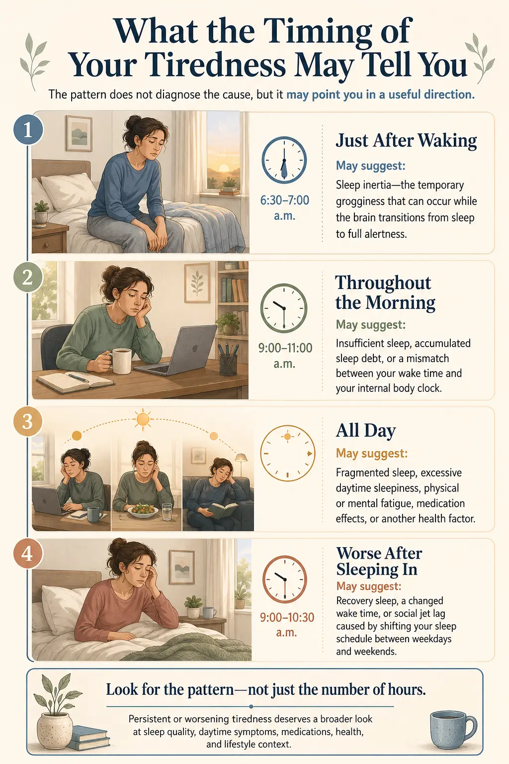 Infographic showing what tiredness at different times of day may suggest, including sleep inertia, sleep debt, circadian mismatch, fragmented sleep, and social jet lag.