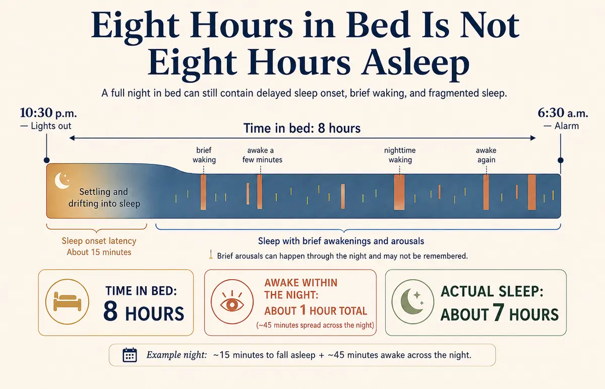 Infographic showing how eight hours in bed may include gradual sleep onset, several brief awakenings, and unremembered arousals, resulting in about seven hours of actual sleep.
