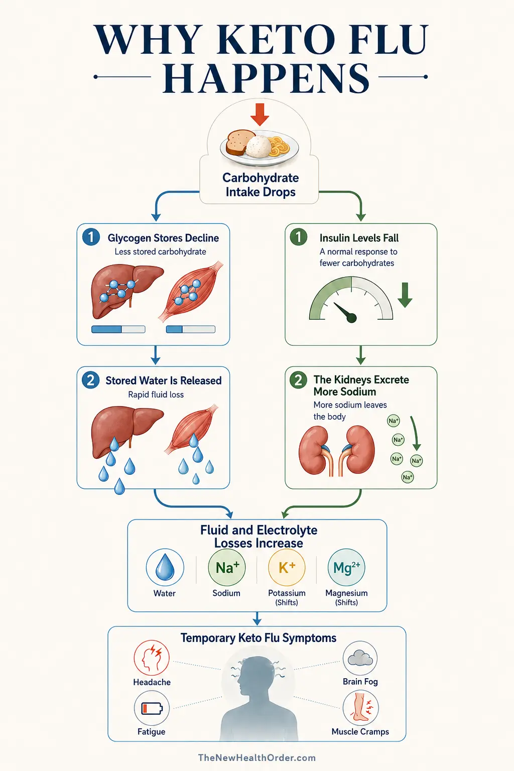 Infographic explaining how lower carbohydrate intake can reduce glycogen and insulin, increase water and sodium loss, and contribute to keto flu symptoms such as headache, fatigue, brain fog, and muscle cramps.