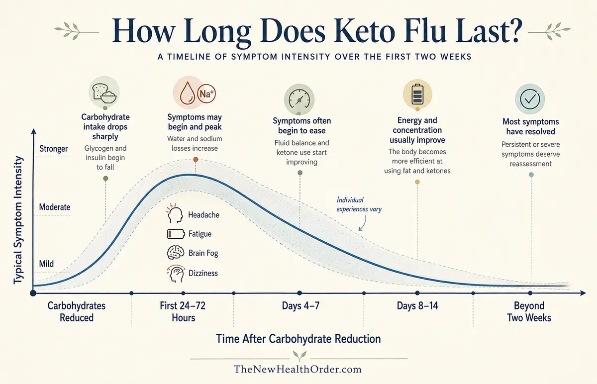 Timeline showing keto flu symptoms peaking within the first 24–72 hours after reducing carbohydrates, then gradually improving over one to two weeks.
