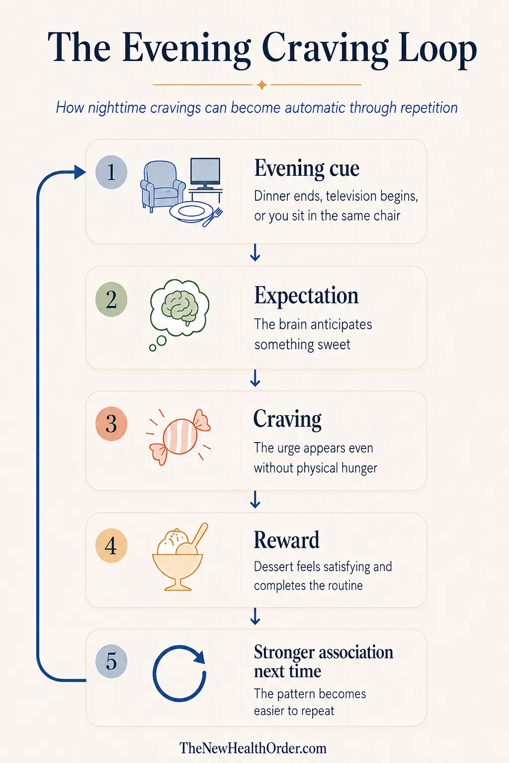 Vertical infographic showing the five-step evening craving loop: evening cue, expectation, craving, reward, and a stronger association the next time.