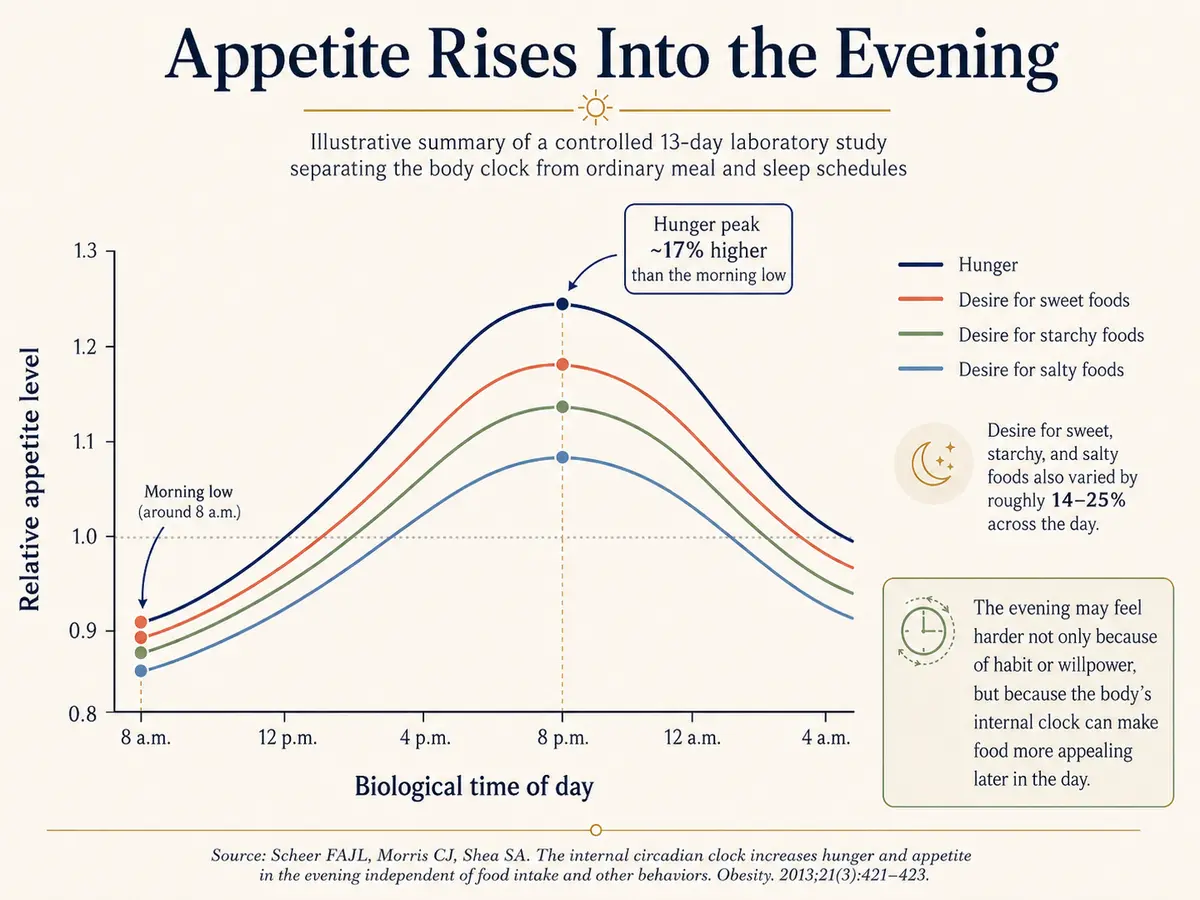 Editorial chart showing that appetite tends to rise into the evening, with hunger highest around 8 p.m. and appetite for sweet, starchy, and salty foods also increasing across the day.