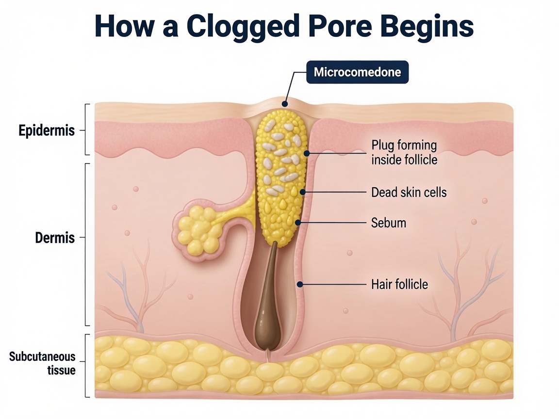 Diagram showing how a clogged pore begins, with sebum and dead skin cells forming a microcomedone inside a hair follicle.