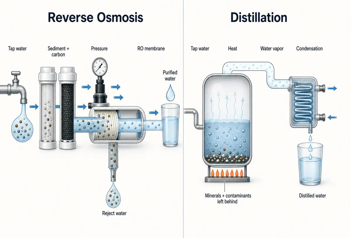 Side-by-side diagram showing how reverse osmosis and distillation purify water, with reverse osmosis using sediment and carbon filters, pressure, and an RO membrane, and distillation using heat, water vapor, condensation, and leaving contaminants behind.