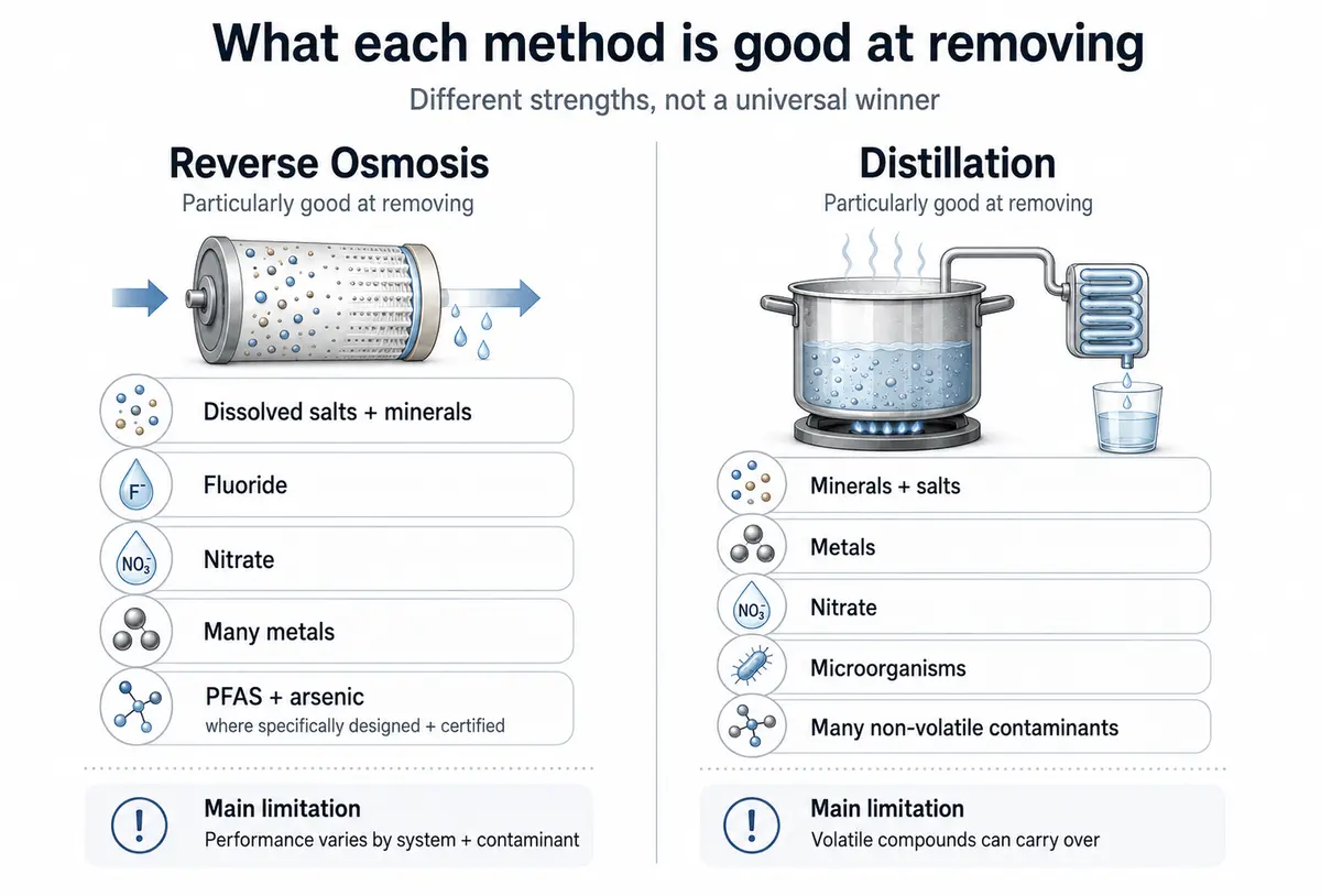 Side-by-side comparison graphic showing what reverse osmosis and distillation are each good at removing from water, including salts, minerals, nitrate, metals, and key limitations of each method.