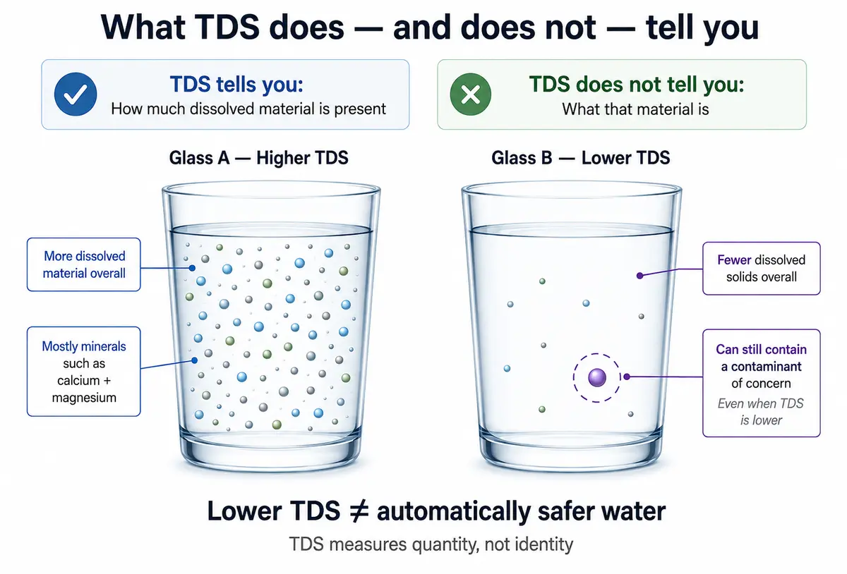 Comparison of higher- and lower-TDS water showing that higher TDS can come from minerals like calcium and magnesium, while lower-TDS water can still contain a contaminant of concern.