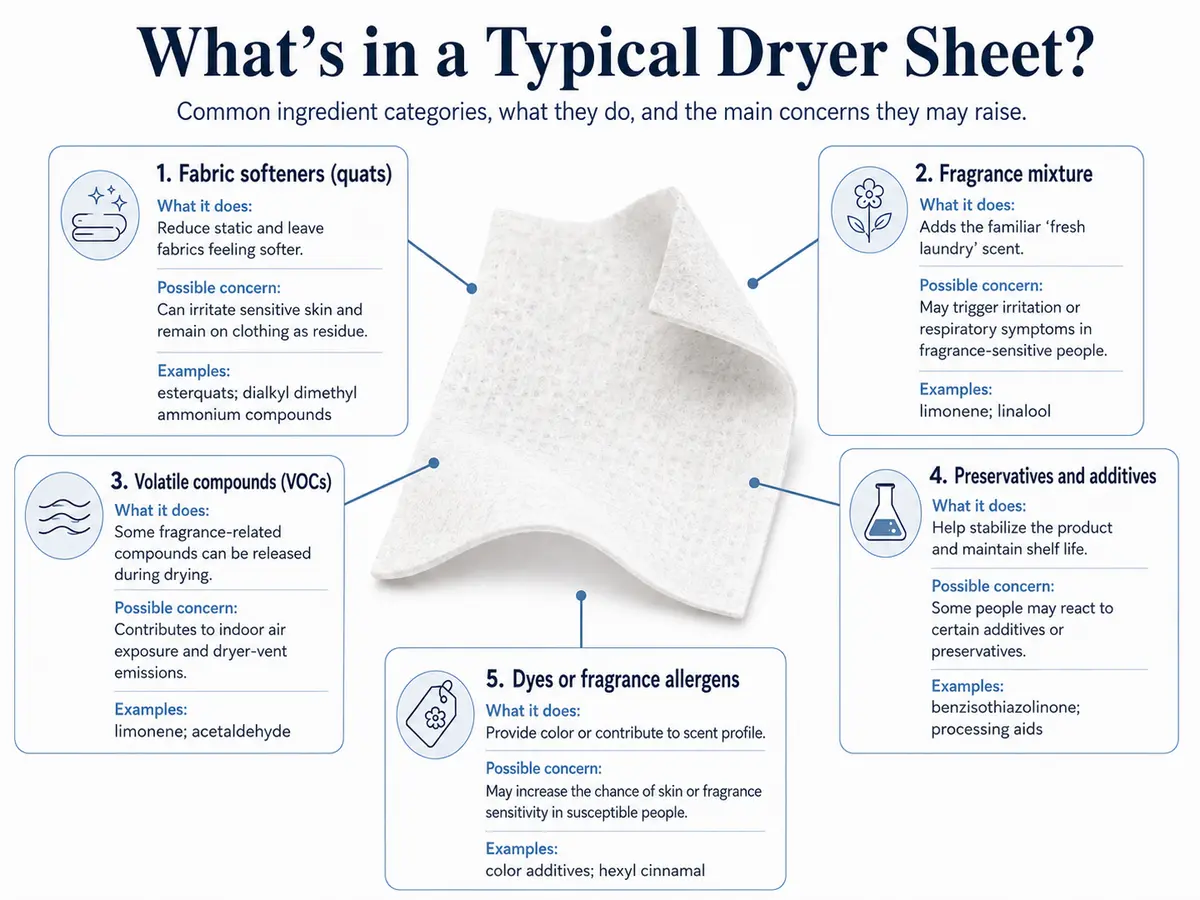 Annotated dryer sheet showing common ingredient categories, including fabric-softening quats, fragrance compounds, VOCs, preservatives, additives, dyes, and fragrance allergens.